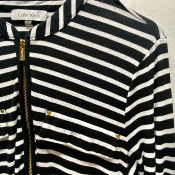 Calvin Klein Women's Half Zip Large White Black Stripe Gold CK Logo Buttons GUC - Picture 6 of 13